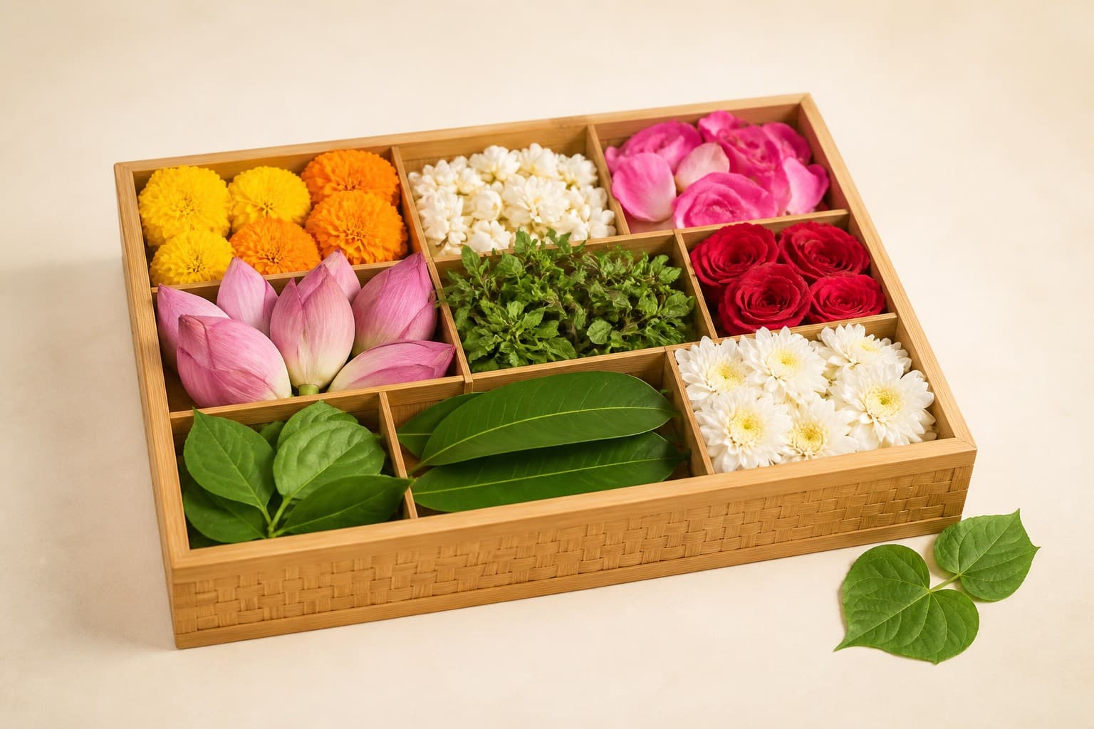 Custom puja flower box with flowers and leaves